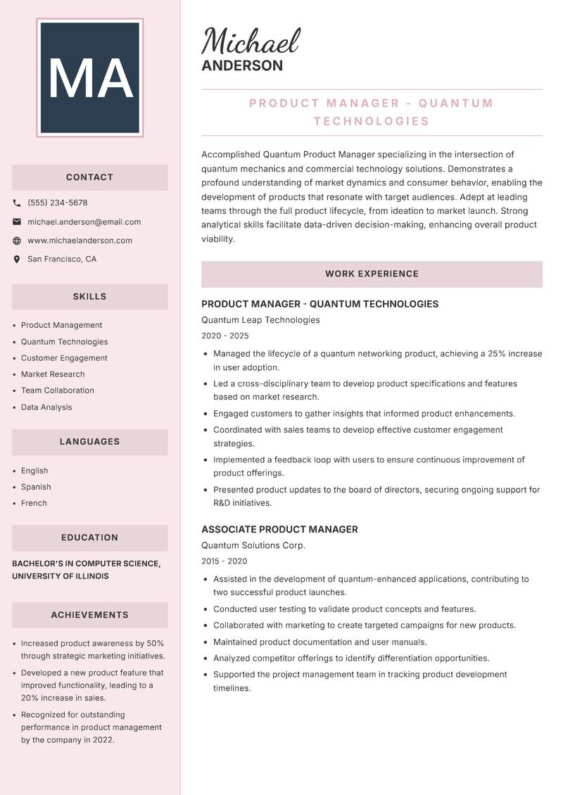 Quantum Product Manager Resume Preview Example