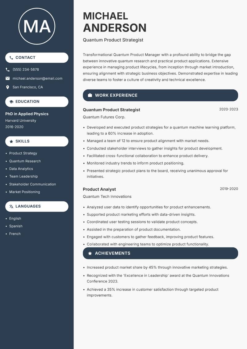 Quantum Product Manager Resume Preview Example