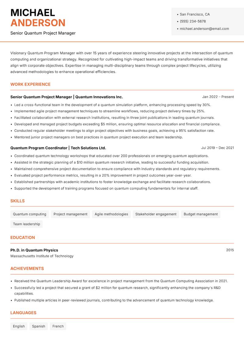 Quantum Program Manager Resume Template