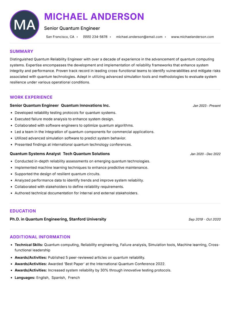 Quantum Reliability Engineer Resume Preview Example