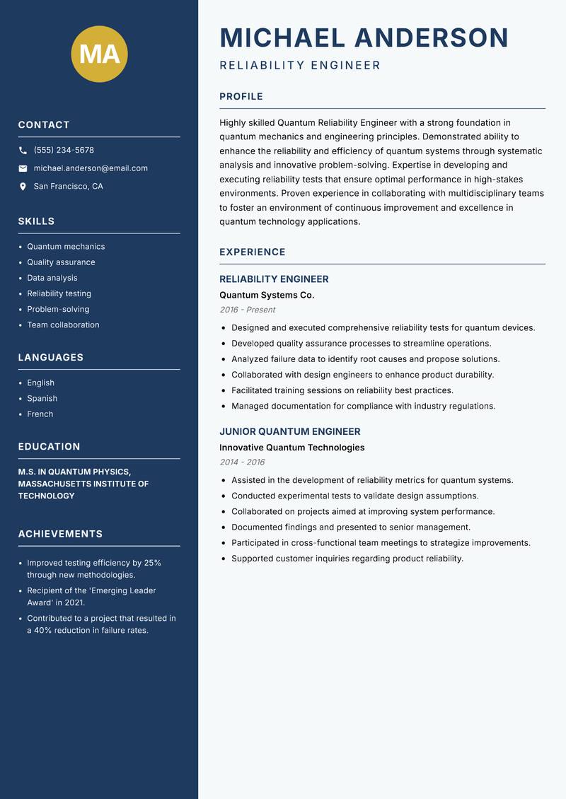 Quantum Reliability Engineer Resume Preview Example