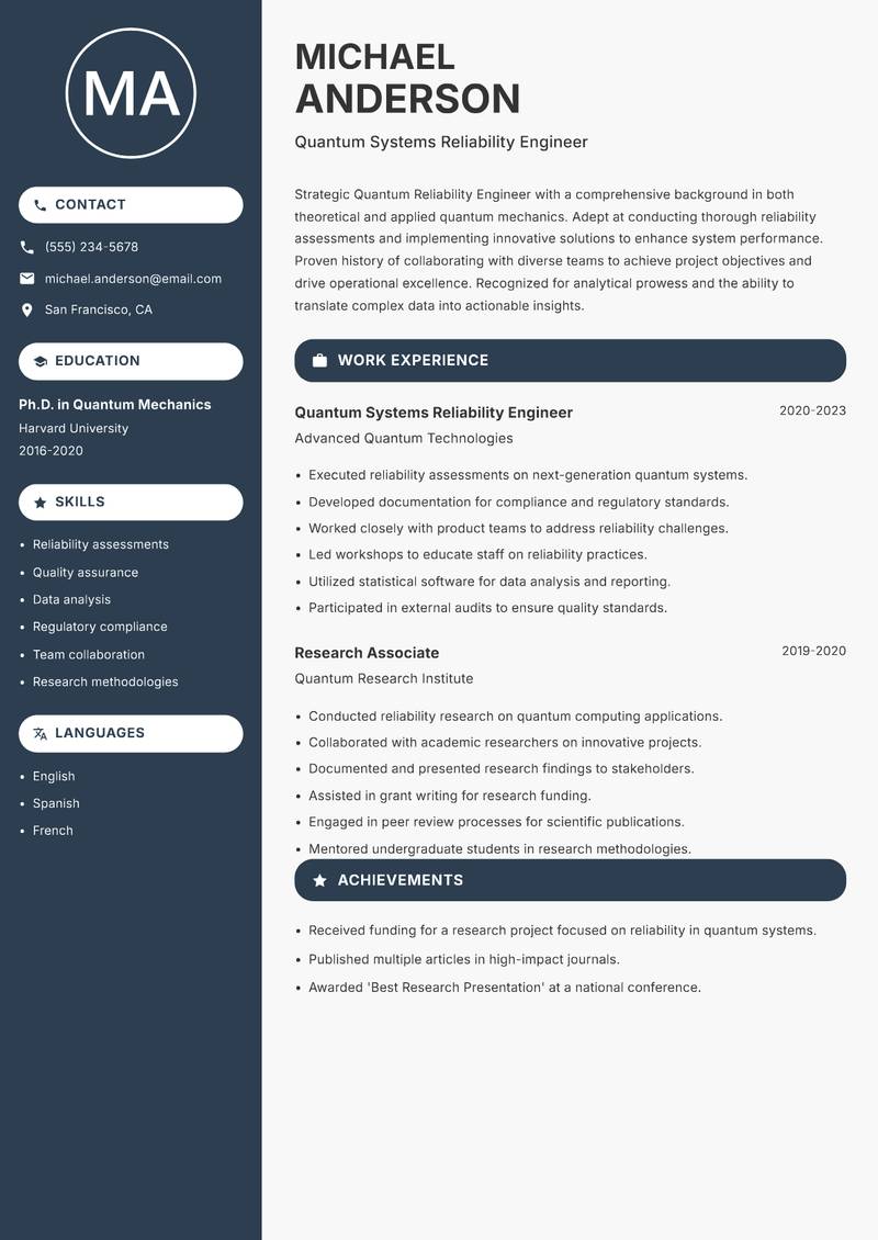 Quantum Reliability Engineer Resume Preview Example