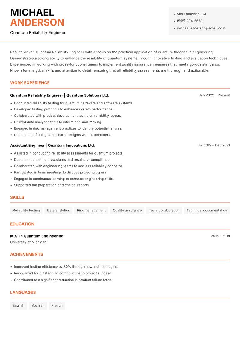 Quantum Reliability Engineer Resume Template