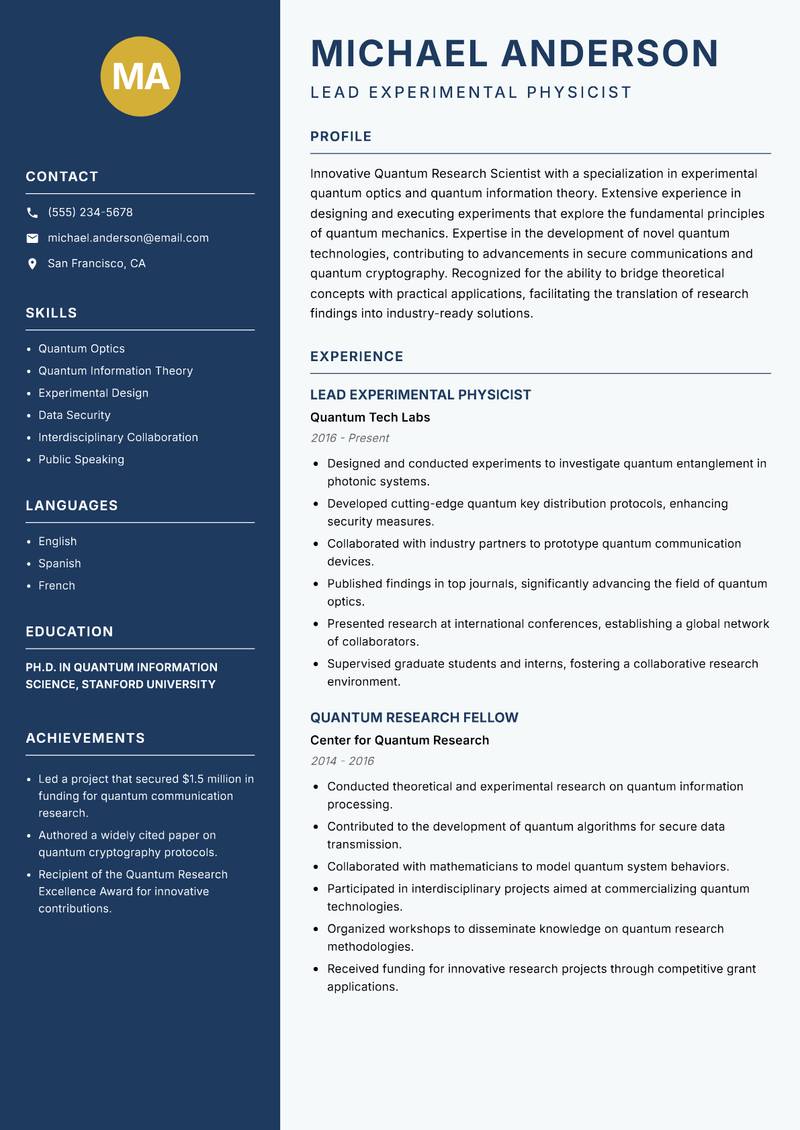 Quantum Research Scientist Resume Preview Example