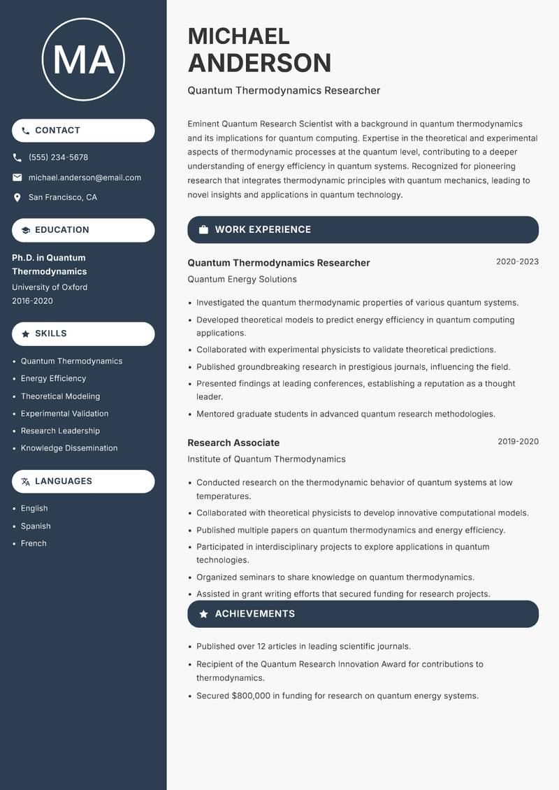 Quantum Research Scientist Resume Preview Example