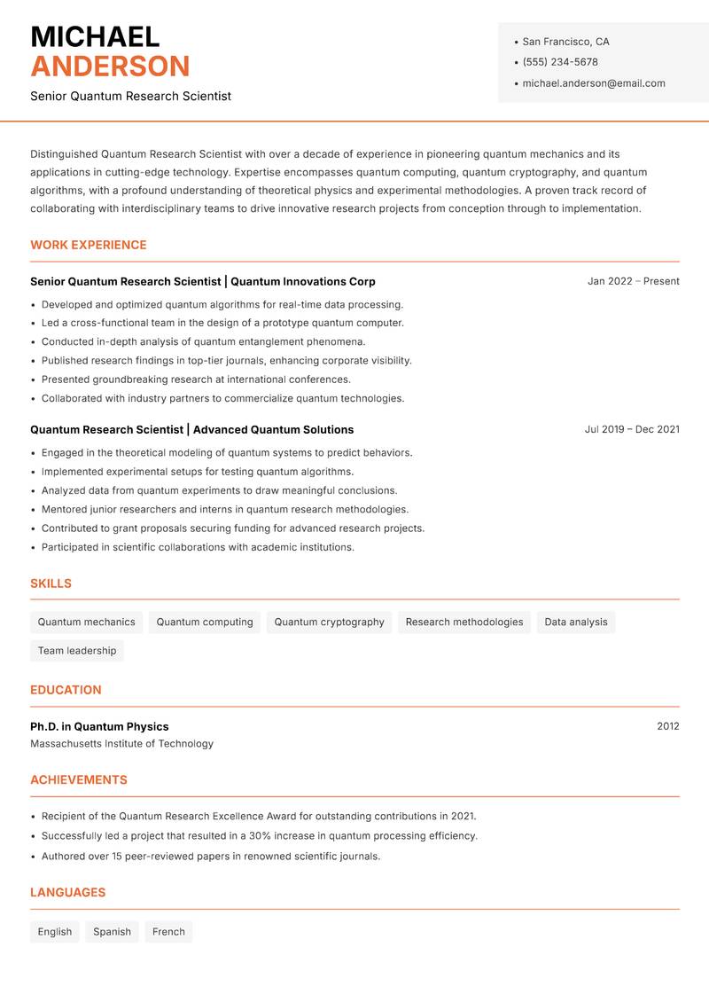 Quantum Research Scientist Resume Template
