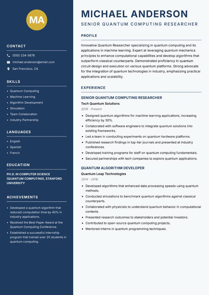 Quantum Researcher Resume Preview Example