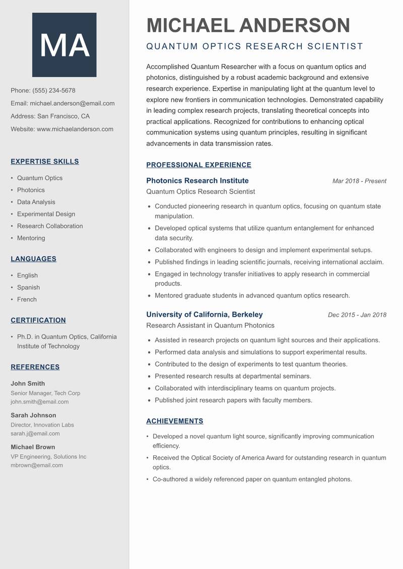 Quantum Researcher Resume Preview Example