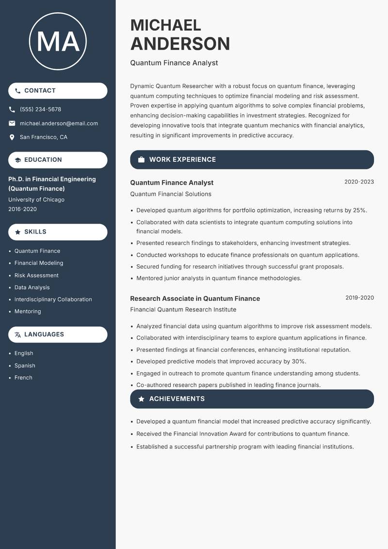 Quantum Researcher Resume Preview Example
