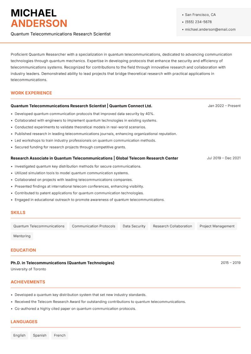 Quantum Researcher Resume Template