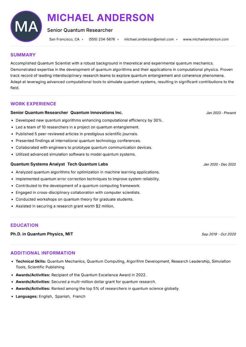 Quantum Scientist Resume Preview Example