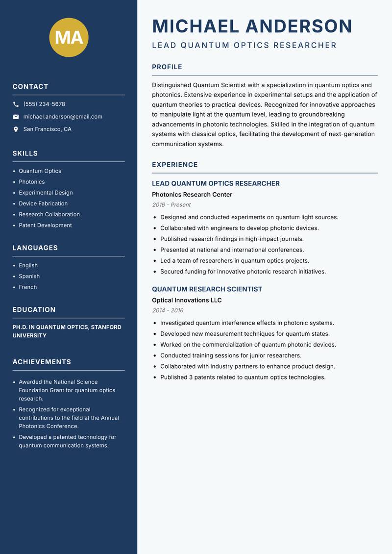 Quantum Scientist Resume Preview Example
