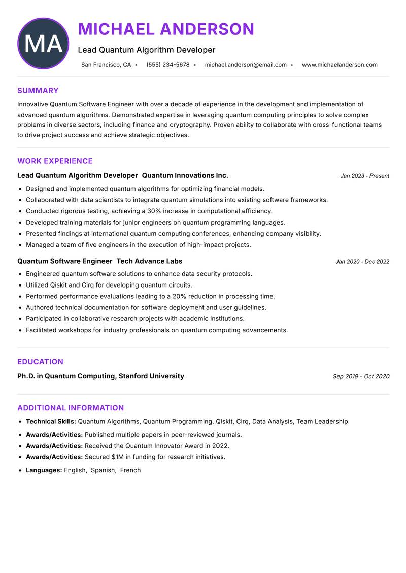 Quantum Software Engineer Resume Preview Example