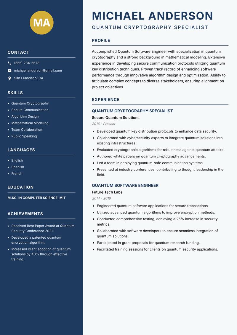 Quantum Software Engineer Resume Preview Example