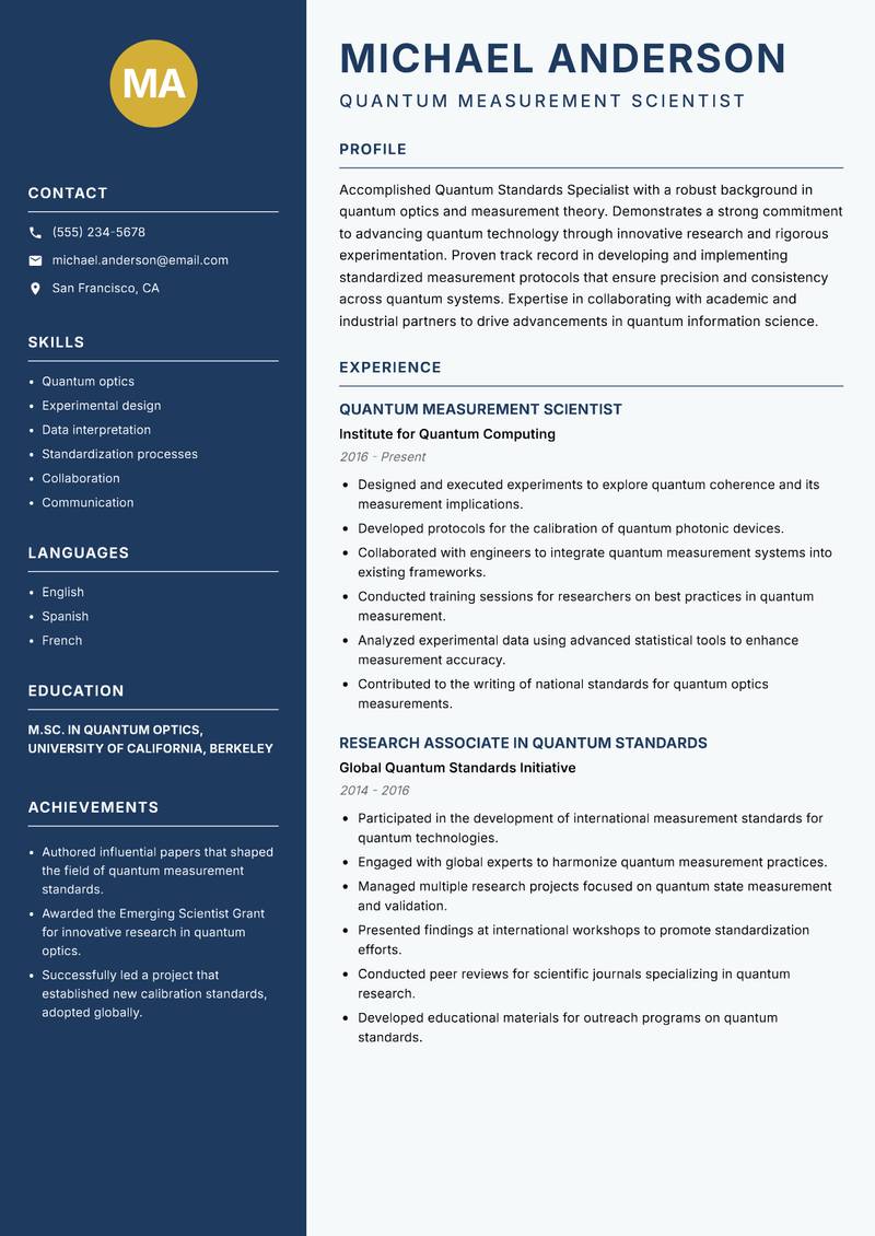 Quantum Standards Specialist Resume Preview Example