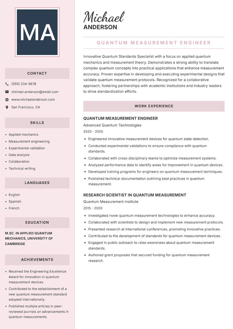 Quantum Standards Specialist Resume Preview Example