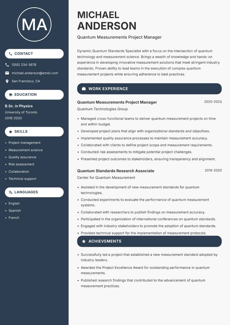 Quantum Standards Specialist Resume Preview Example