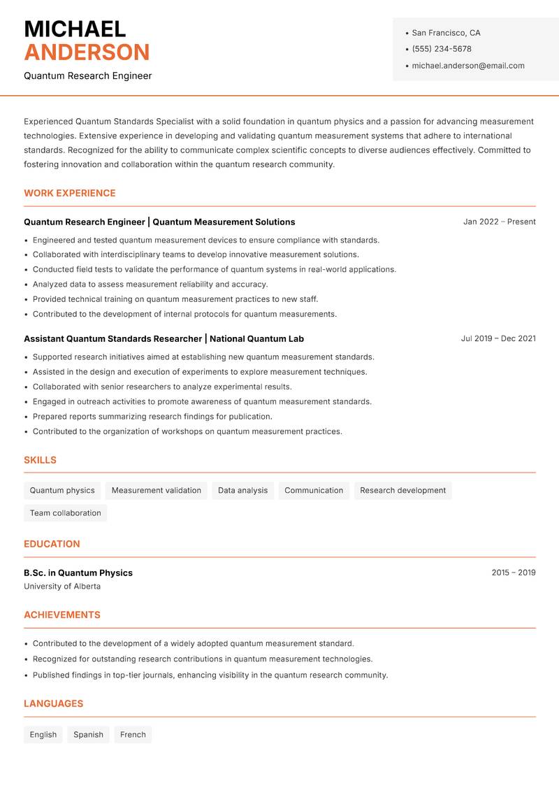 Quantum Standards Specialist Resume Template