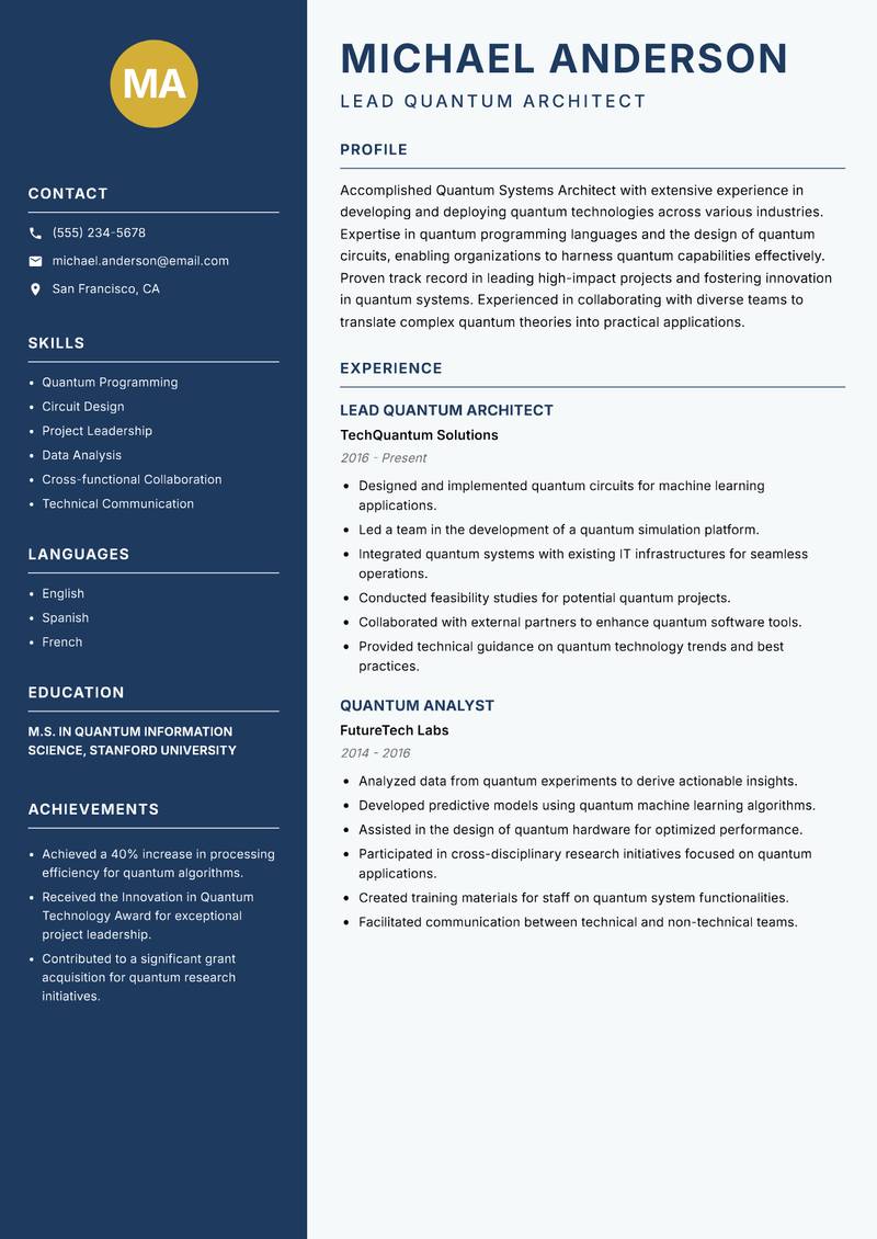 Quantum Systems Architect Resume Preview Example