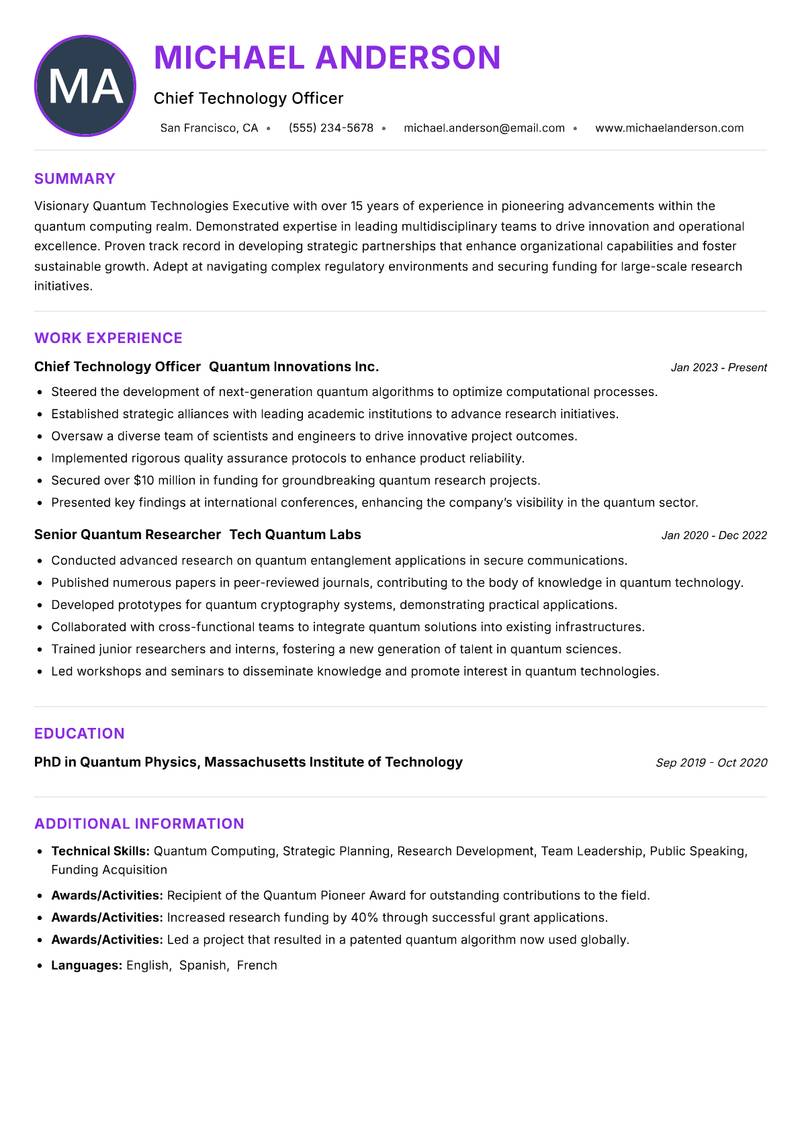Quantum Technologies Executive Resume Preview Example