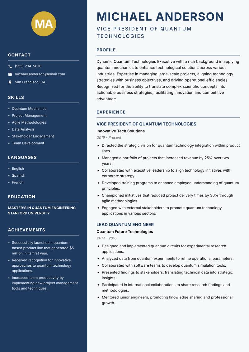 Quantum Technologies Executive Resume Preview Example