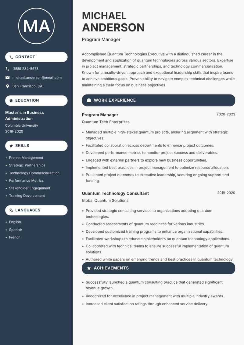 Quantum Technologies Executive Resume Preview Example