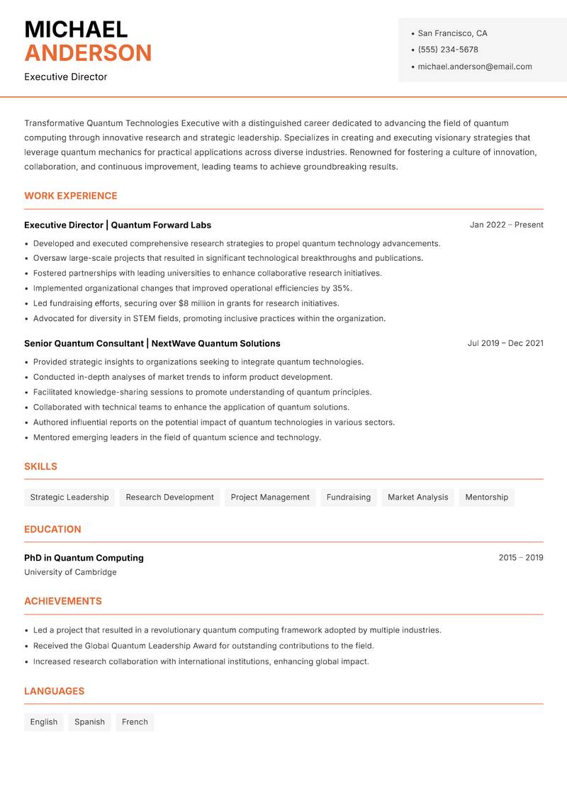 Quantum Technologies Executive Resume Template