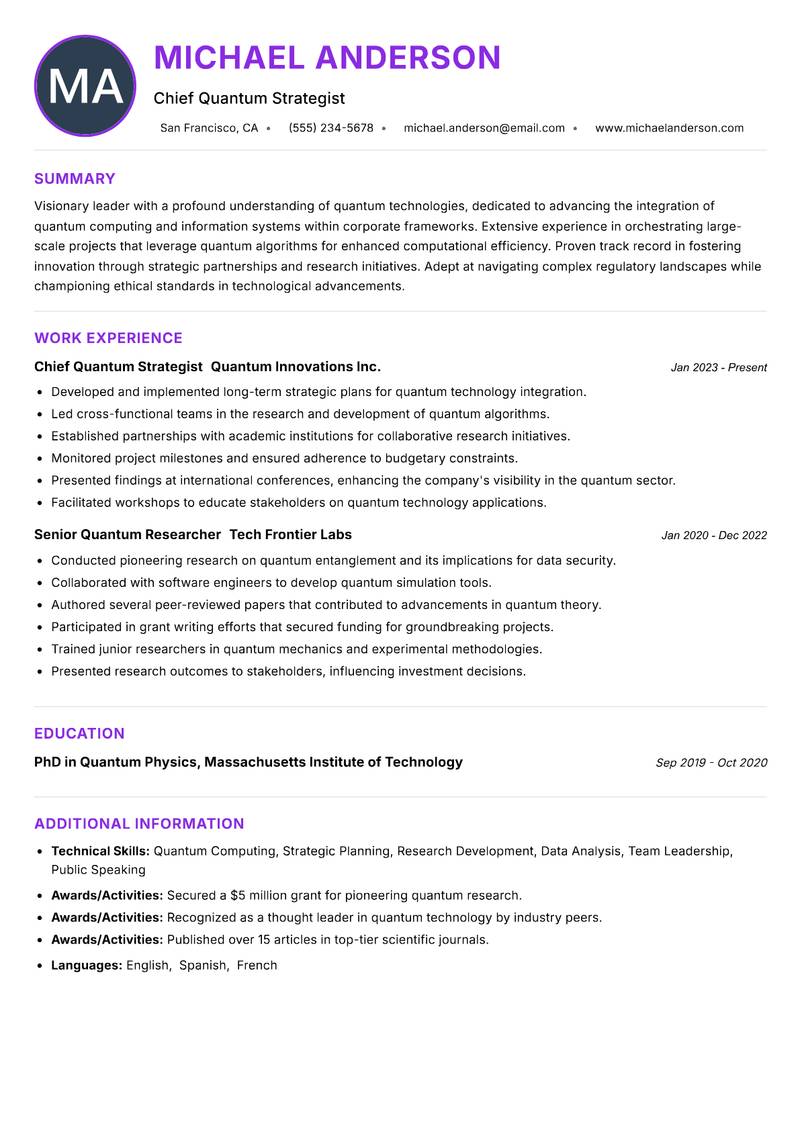 Quantum Technologies Officer Resume Preview Example