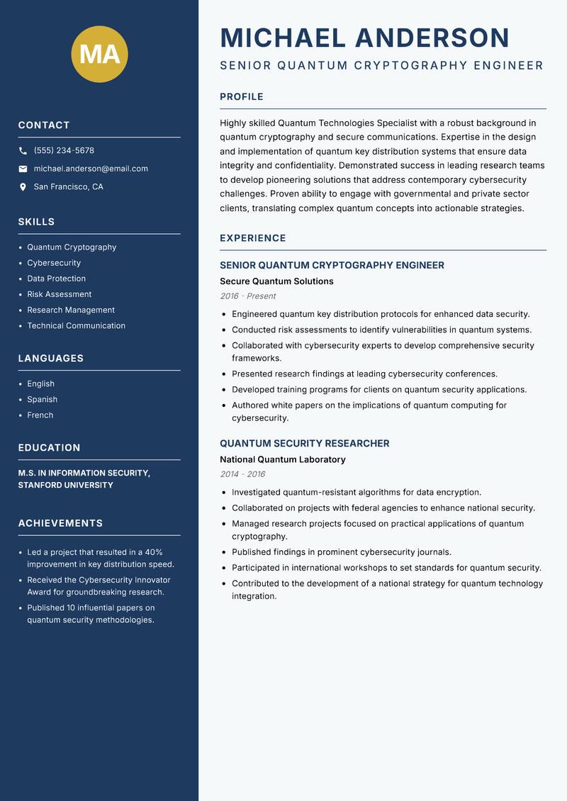 Quantum Technologies Specialist Resume Preview Example