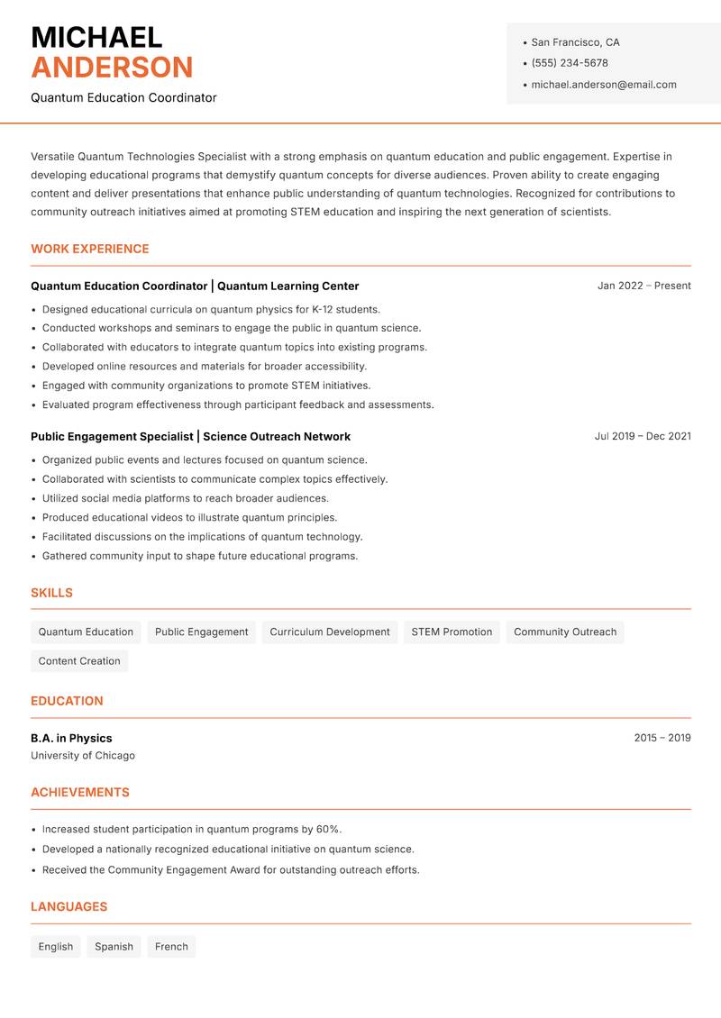 Quantum Technologies Specialist Resume Template