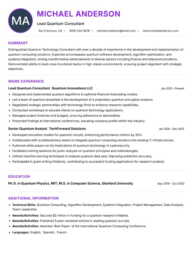 Quantum Technology Consultant Resume Preview Example