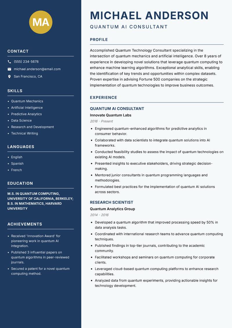 Quantum Technology Consultant Resume Preview Example