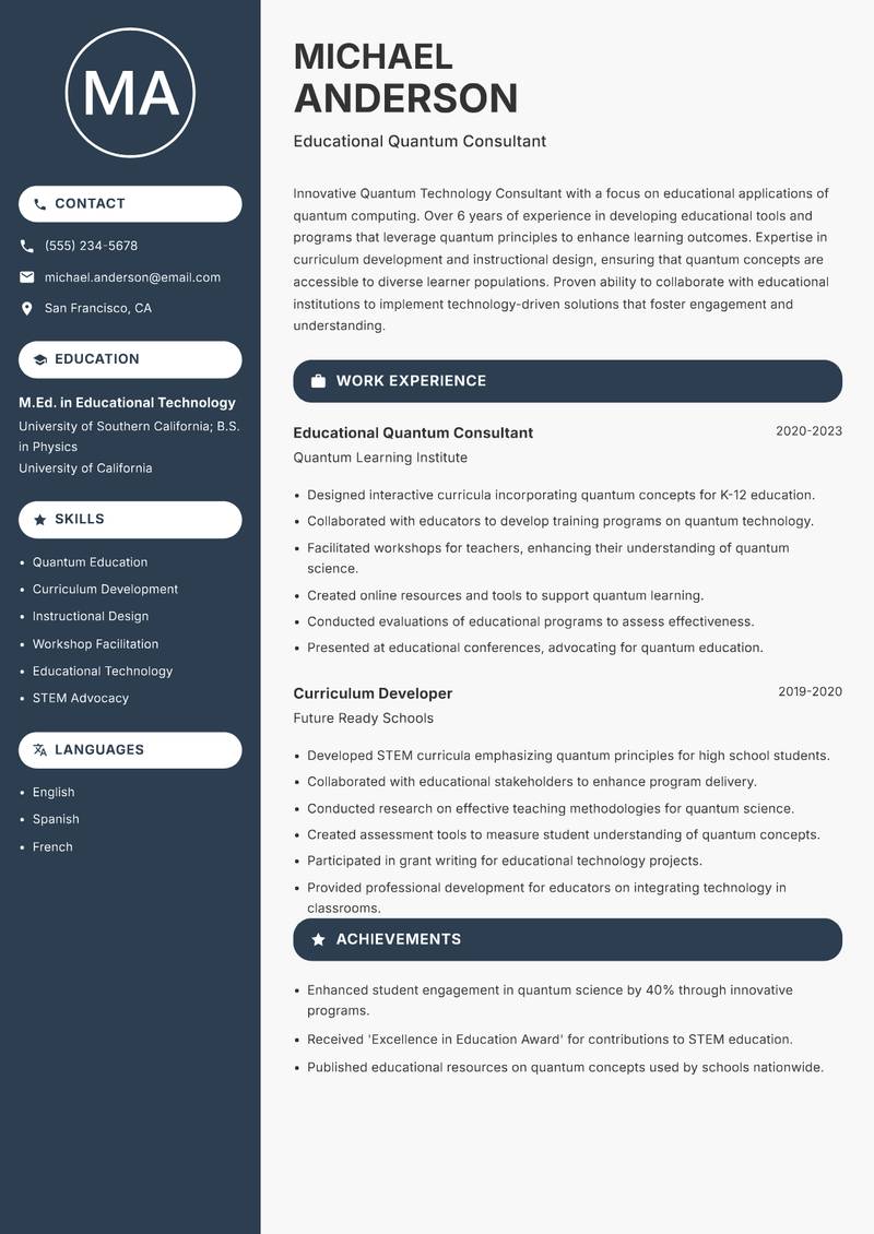 Quantum Technology Consultant Resume Preview Example