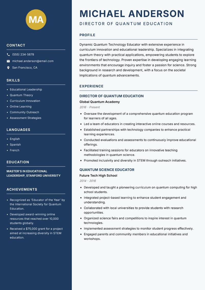 Quantum Technology Educator Resume Preview Example
