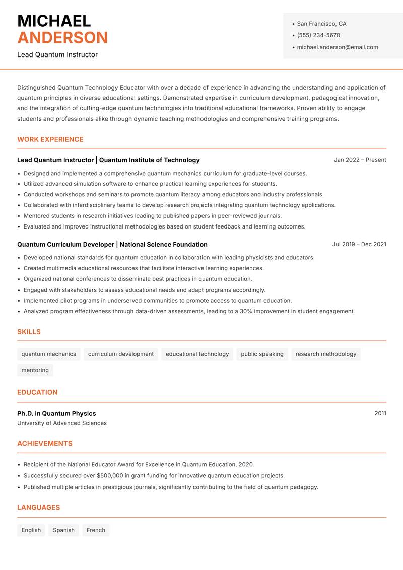 Quantum Technology Educator Resume Template