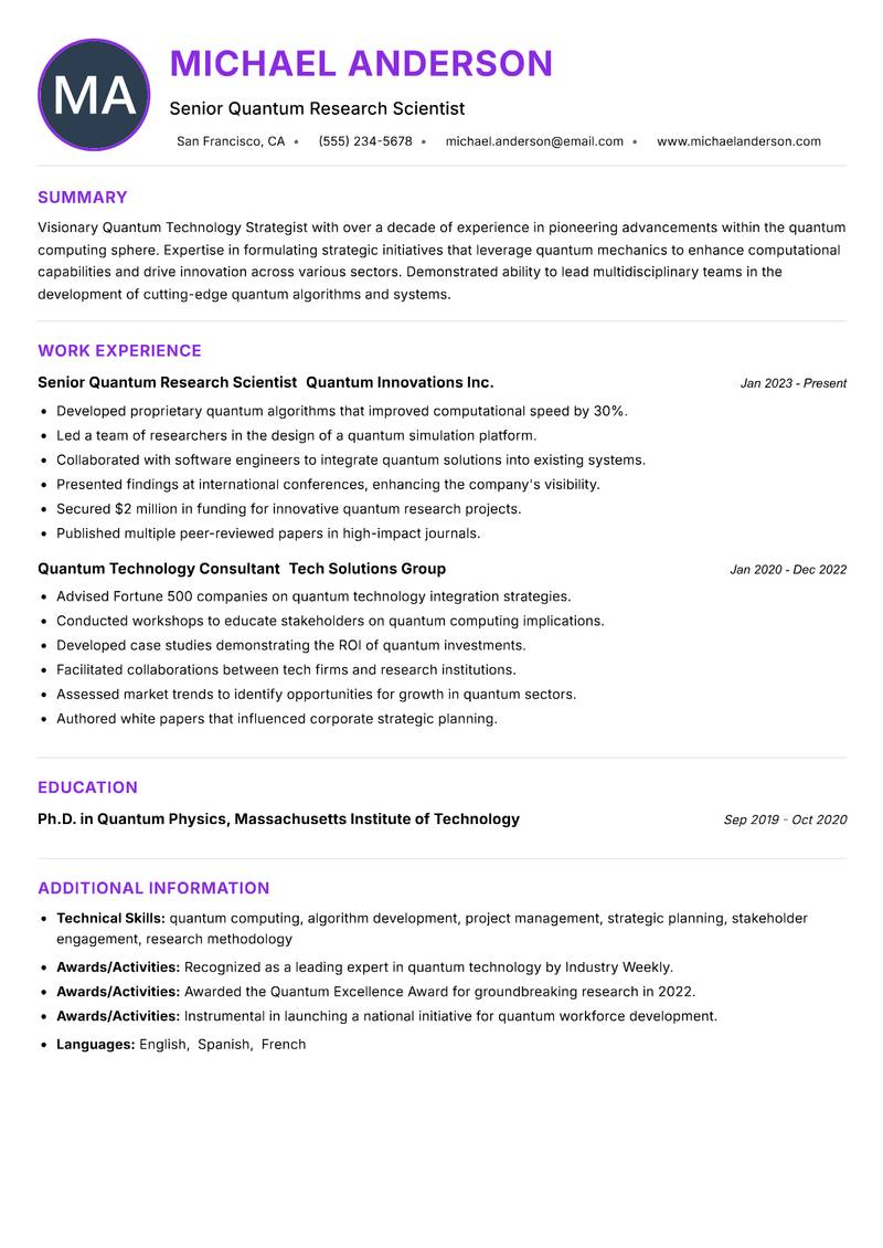 Quantum Technology Strategist Resume Preview Example