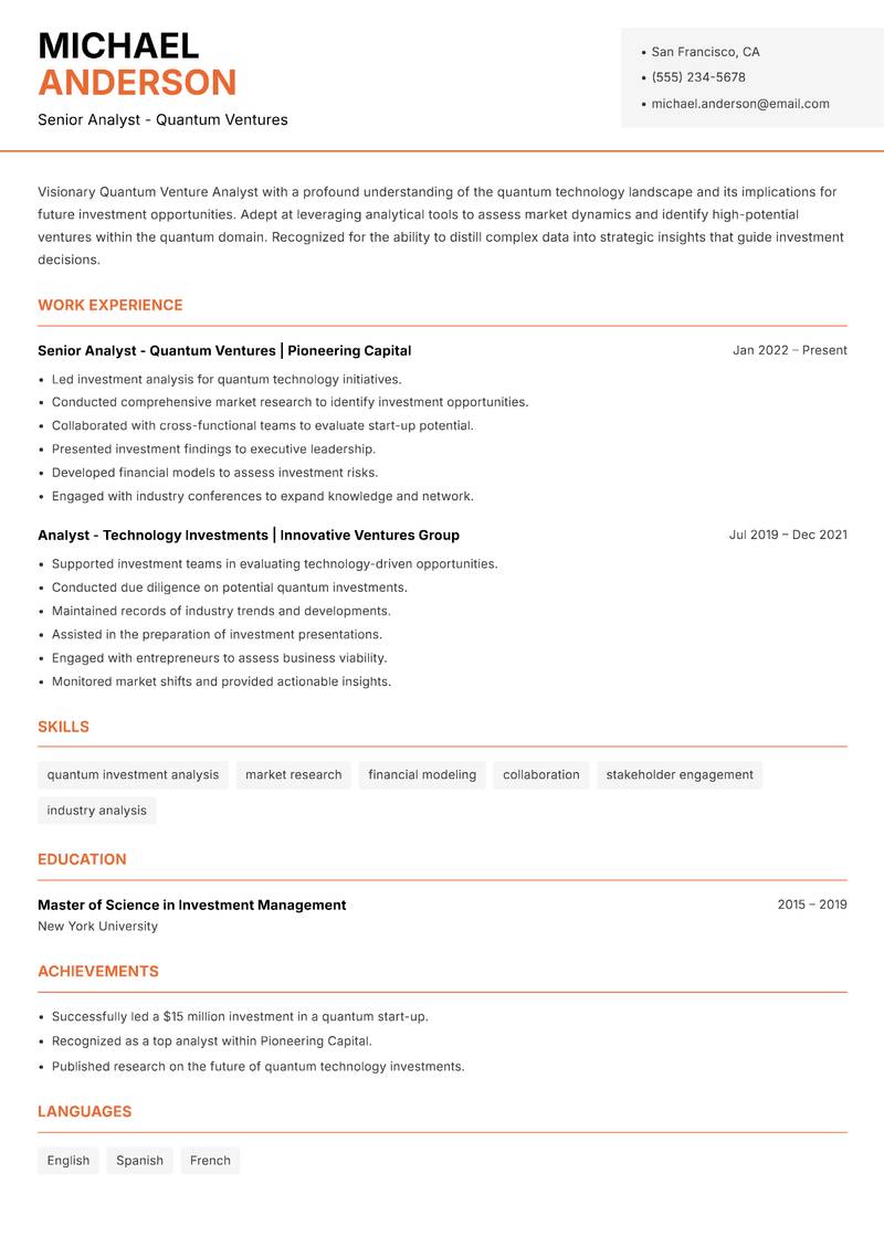 Quantum Venture Analyst Resume Template