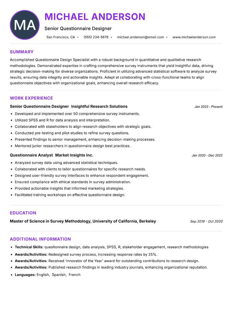 Questionnaire Design Specialist Resume Preview Example
