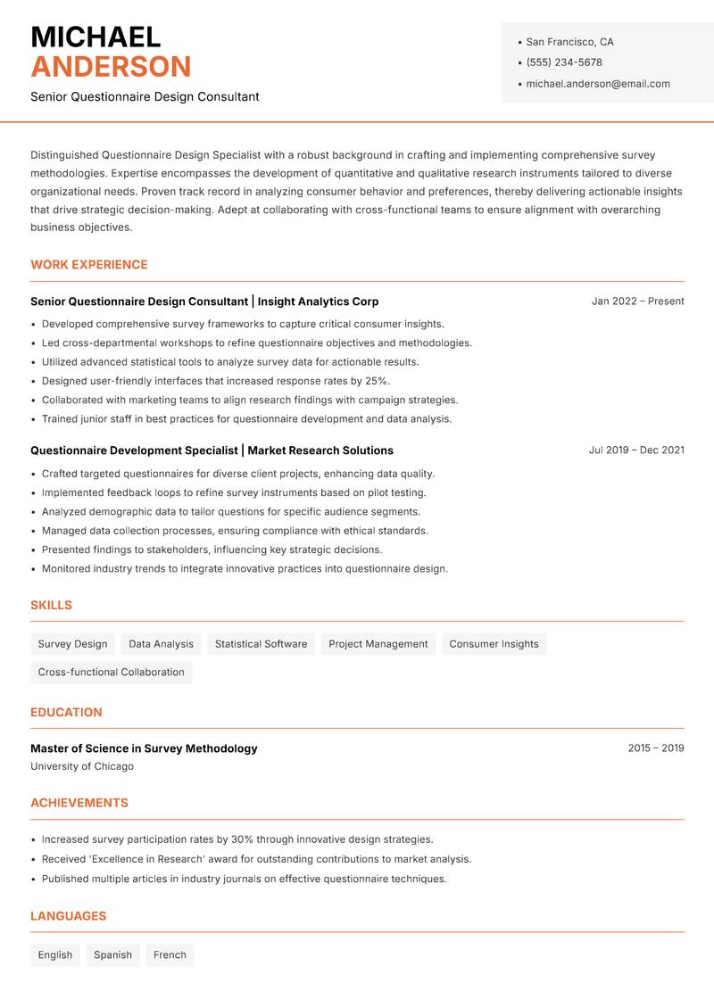 Questionnaire Design Specialist Resume Template