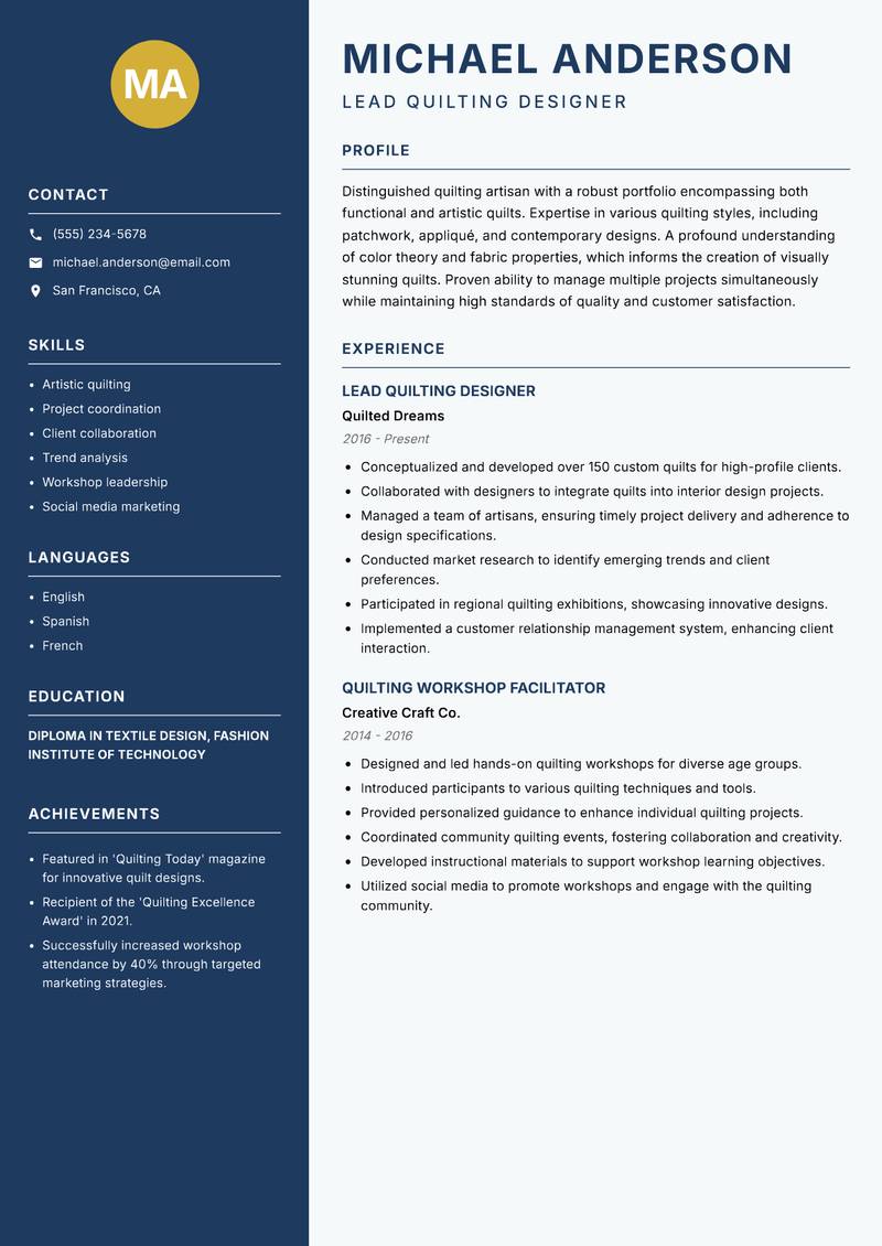 Quilting Artisan Resume Preview Example