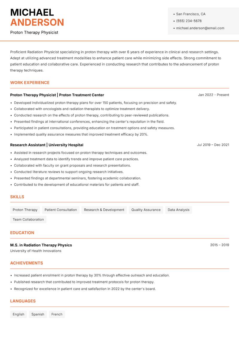 Radiation Physicist Resume Template