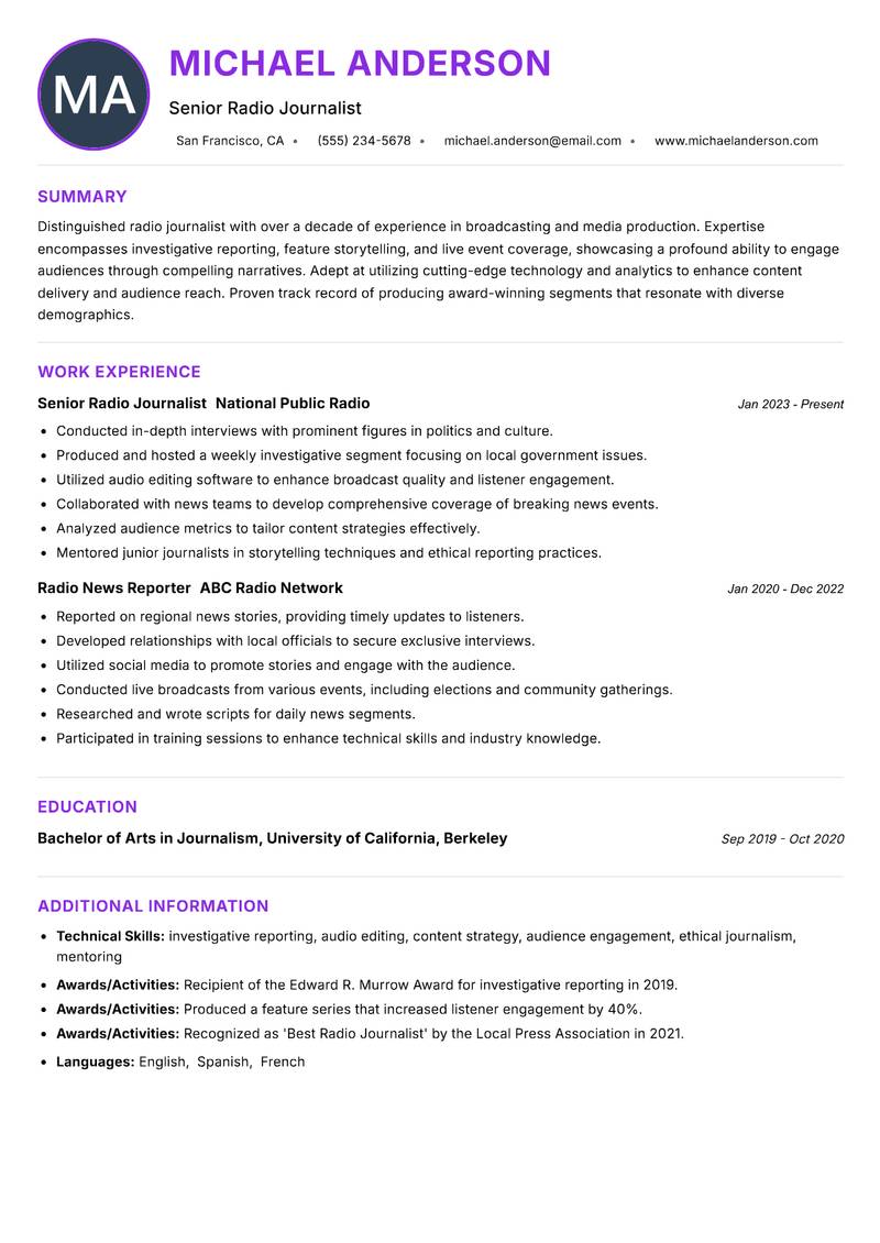 Radio Journalist Resume Preview Example