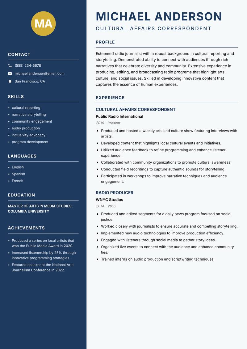 Radio Journalist Resume Preview Example