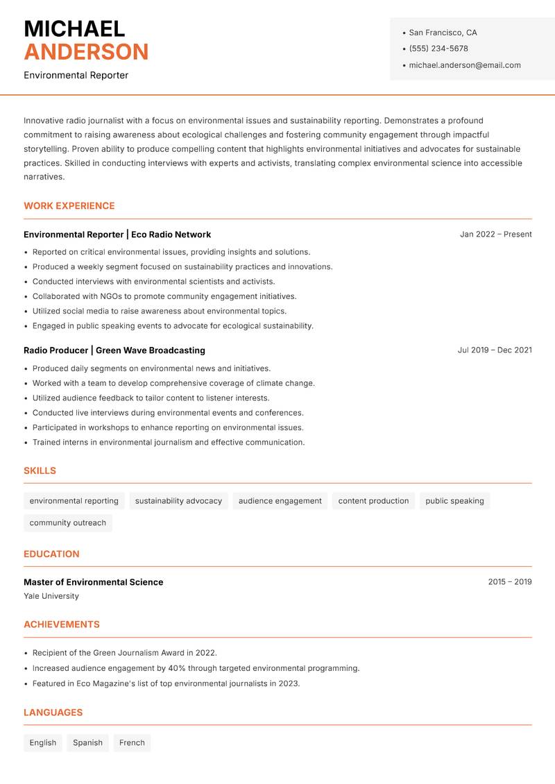 Radio Journalist Resume Template