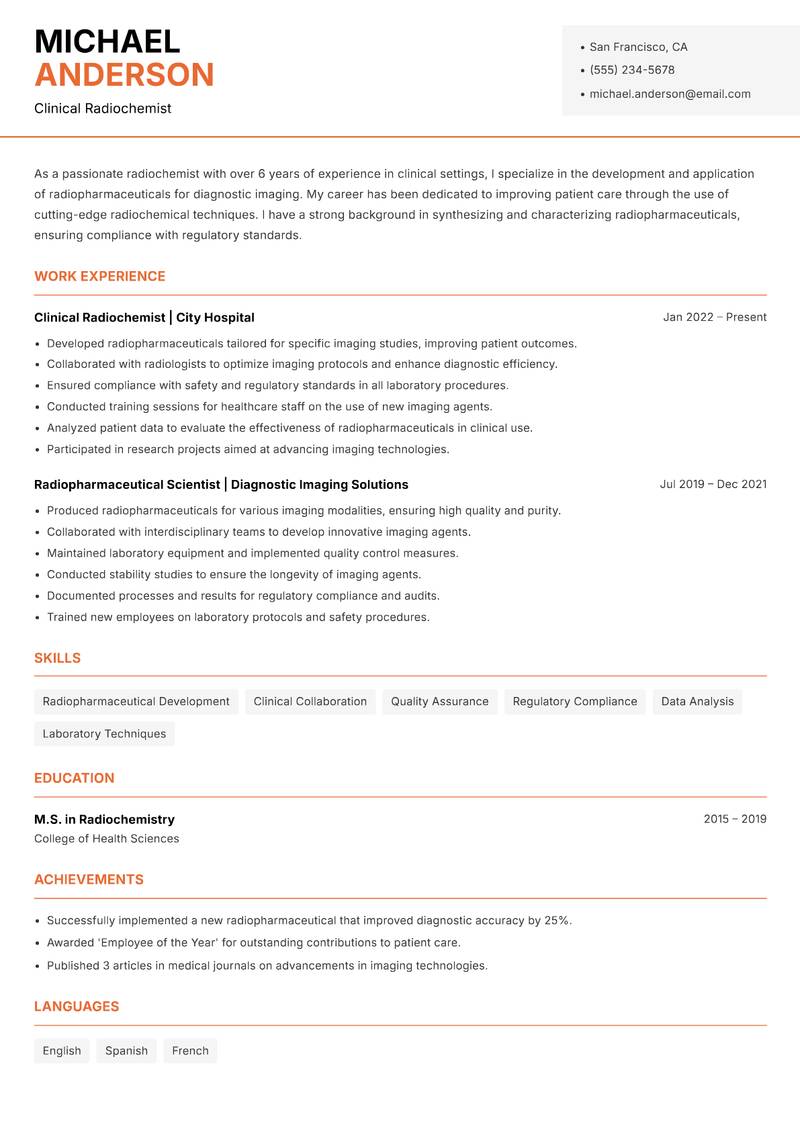Radiochemist Resume Template