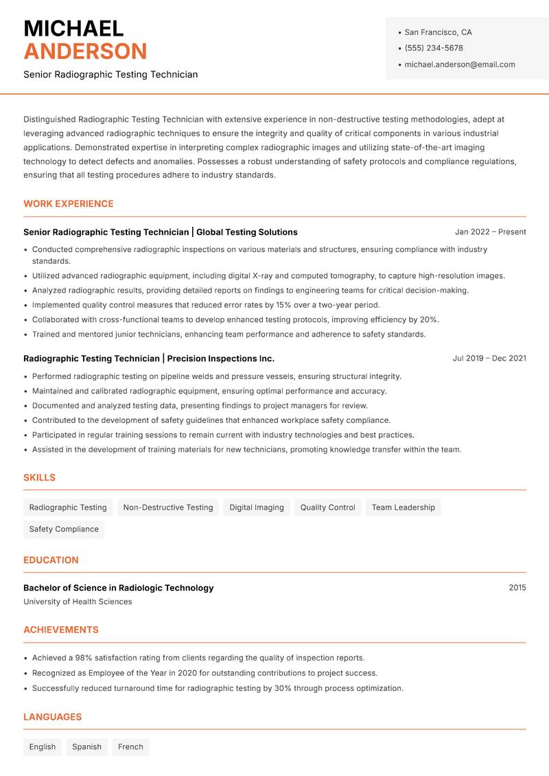 Radiographic Testing Technician Resume Template