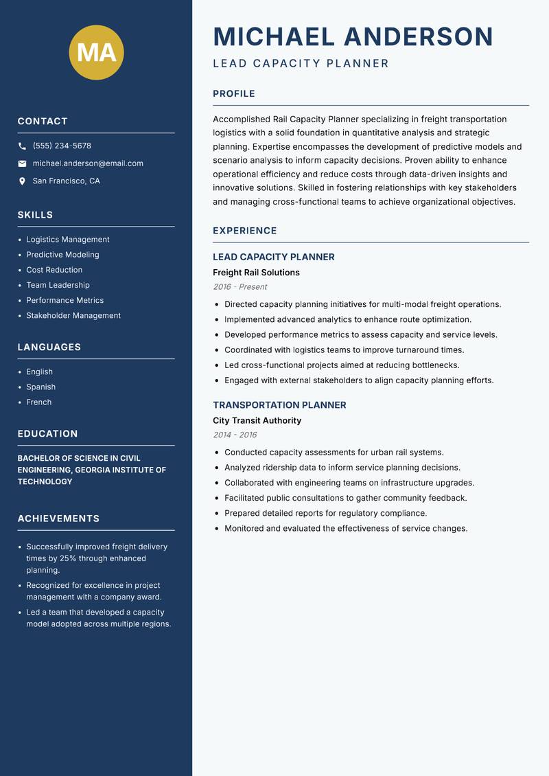 Rail Capacity Planner Resume Preview Example