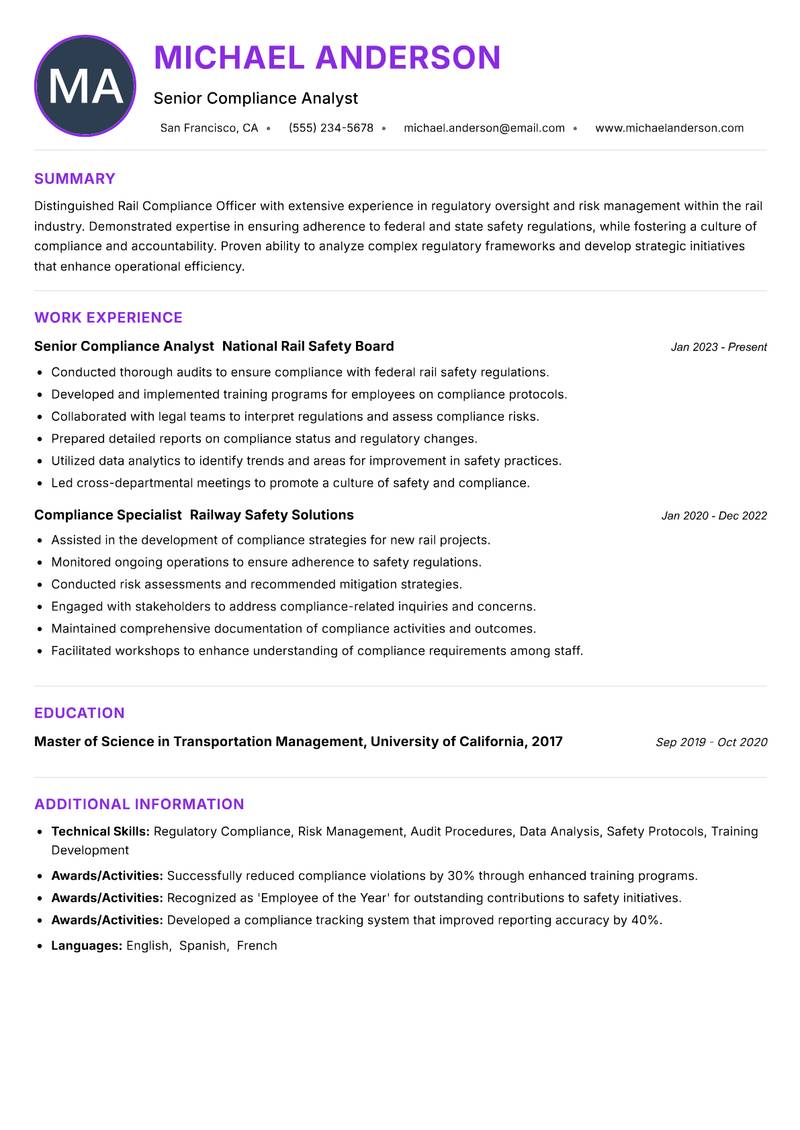 Rail Compliance Officer Resume Preview Example