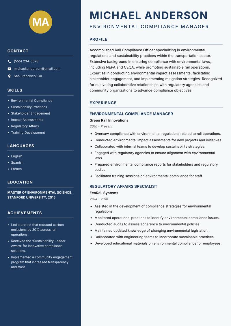 Rail Compliance Officer Resume Preview Example