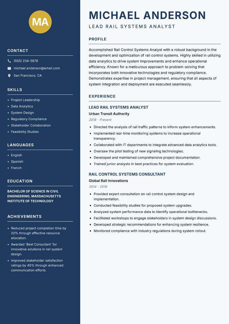 Rail Control Systems Analyst Resume Preview Example